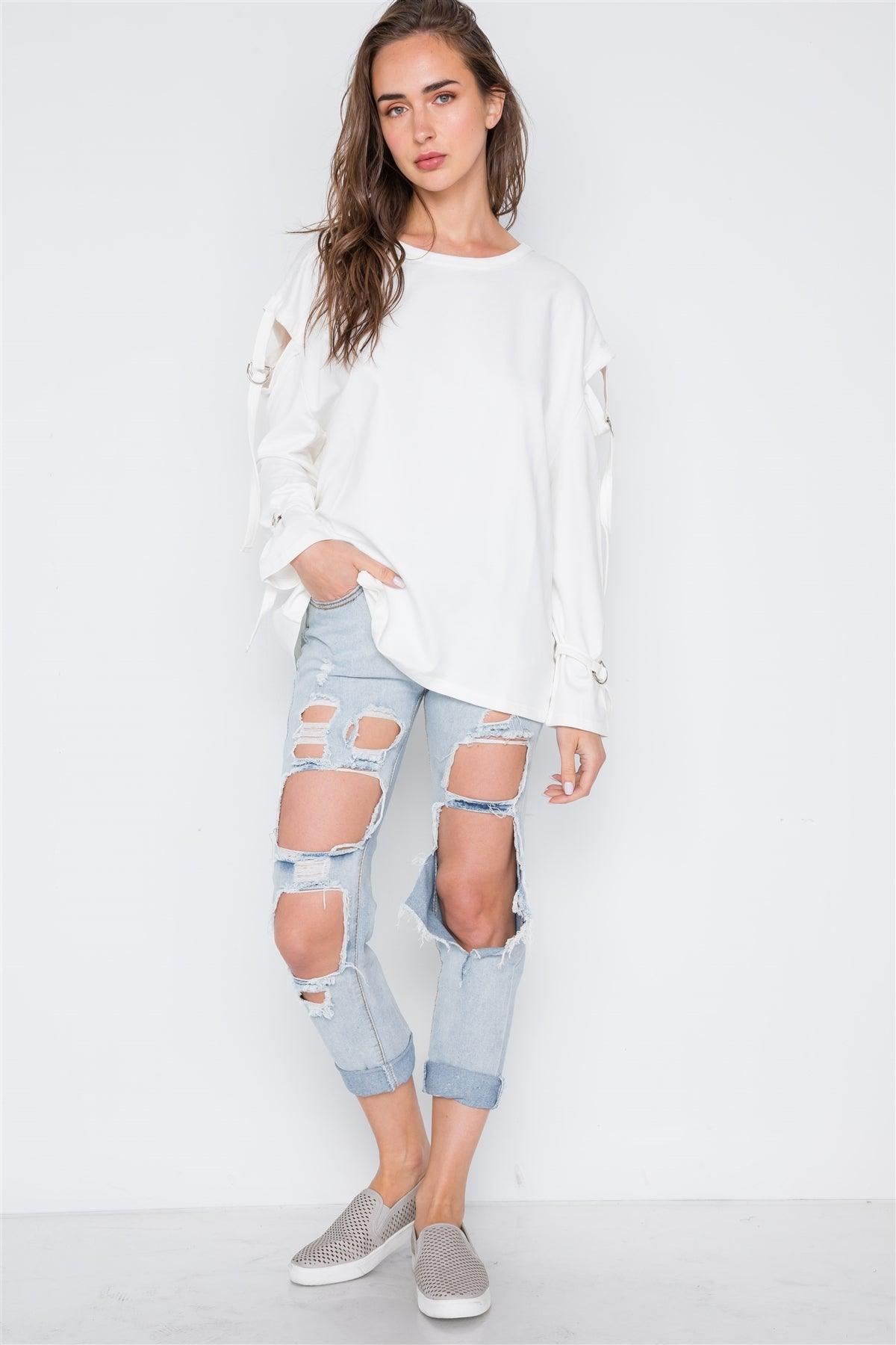 Off White Long Sleeve Cut-Out Sweater /3-3