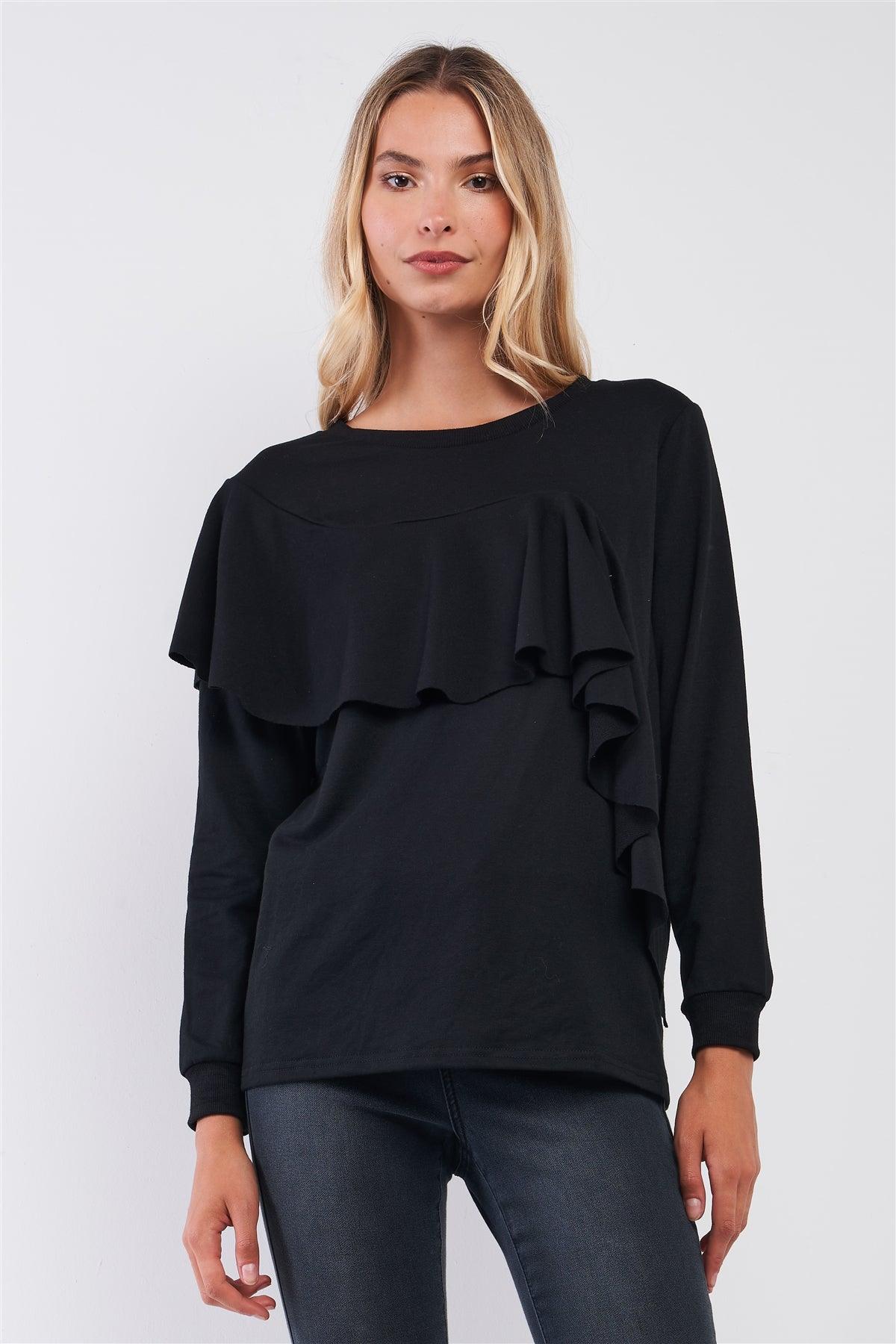 Black Ruffled Crew Neck Long Sleeve Sweatshirt /2-2-2