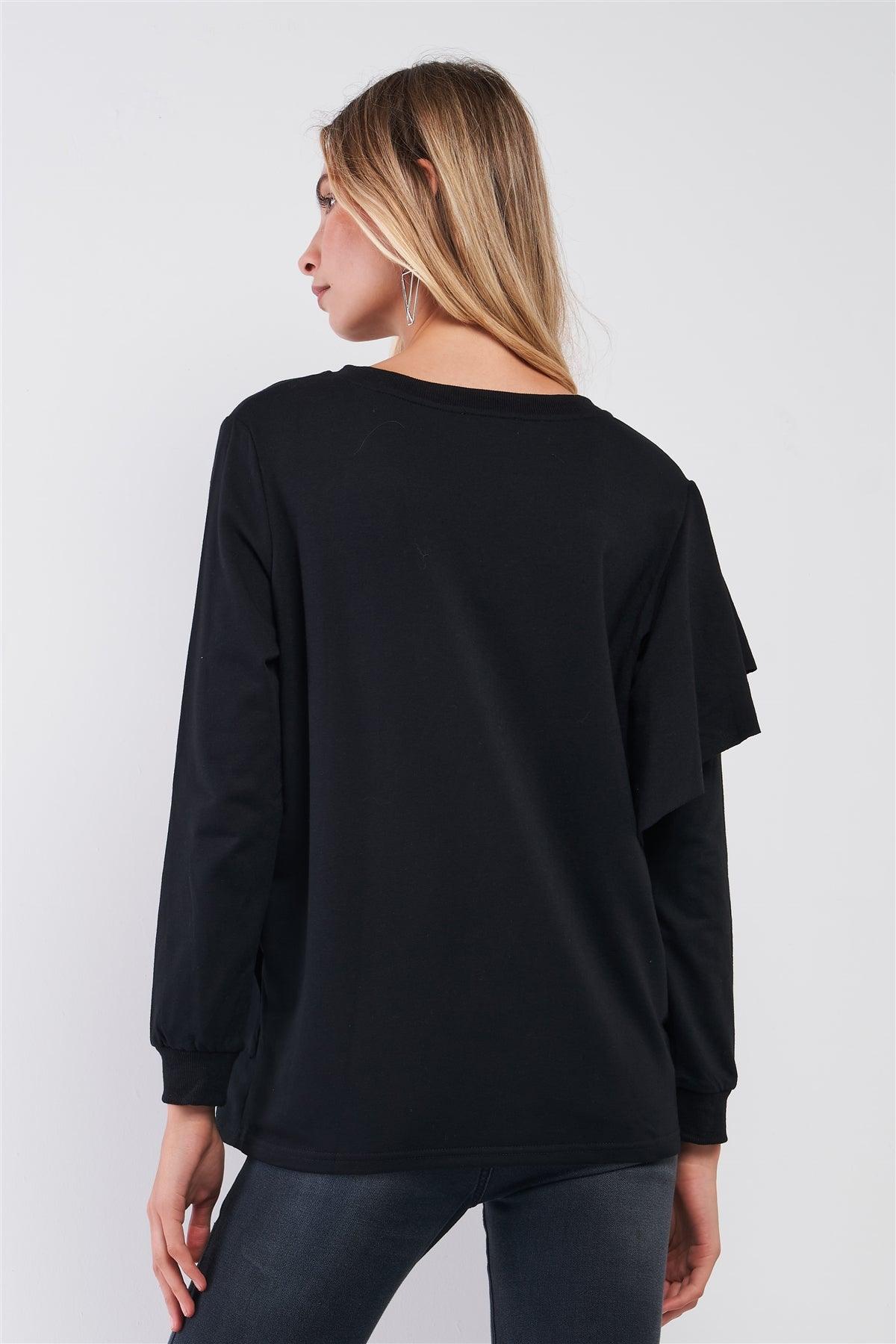 Black Ruffled Crew Neck Long Sleeve Sweatshirt /2-2-2