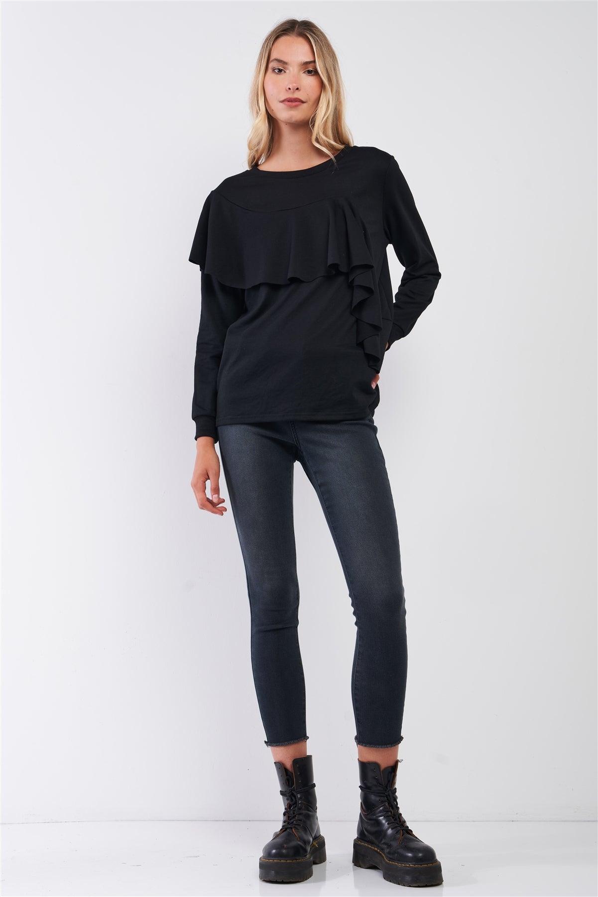 Black Ruffled Crew Neck Long Sleeve Sweatshirt /2-2-2