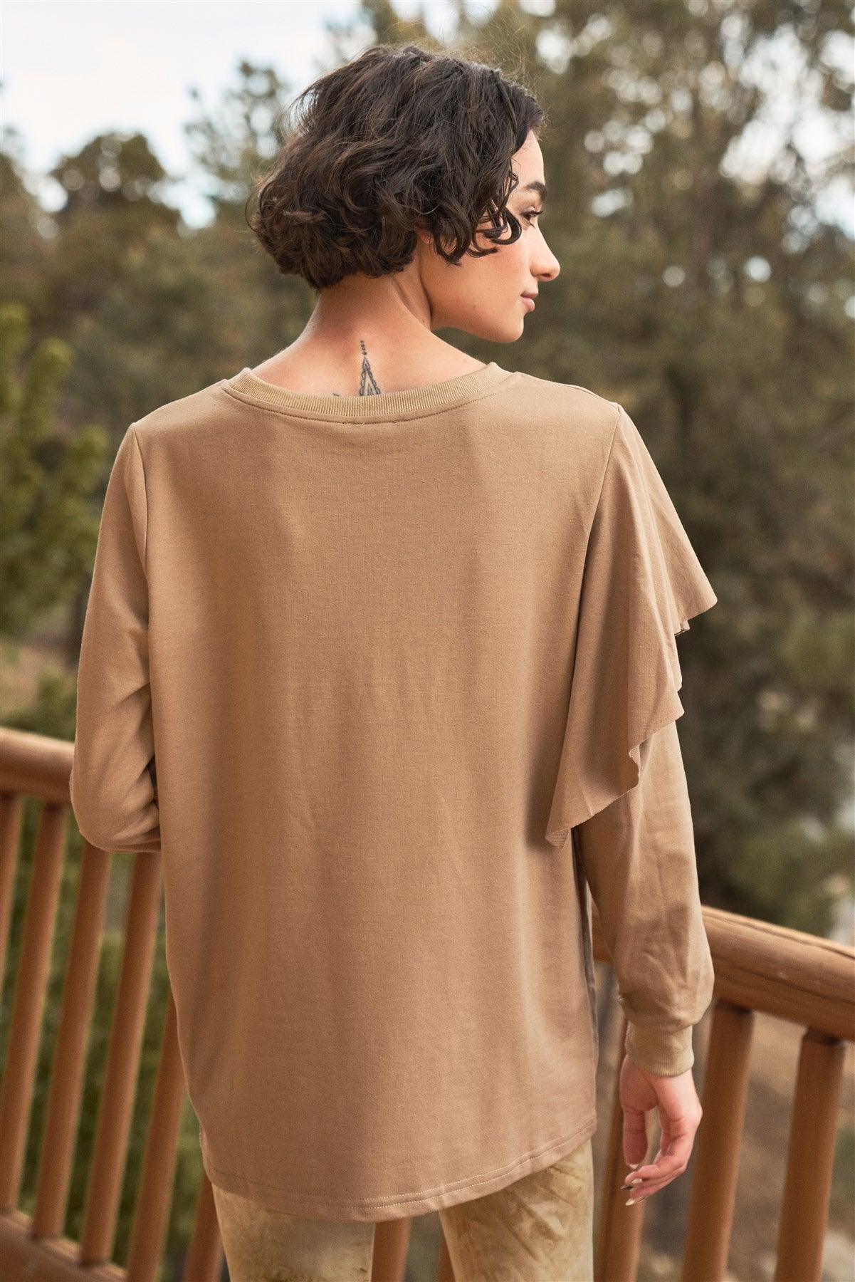 Mocha Ruffled Crew Neck Long Sleeve Sweatshirt /2-2-2