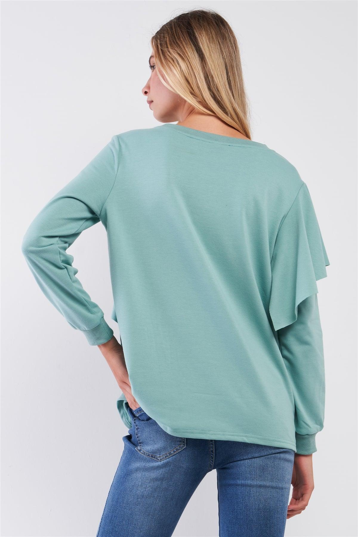 Sage Ruffled Crew Neck Long Sleeve Sweatshirt /2-2