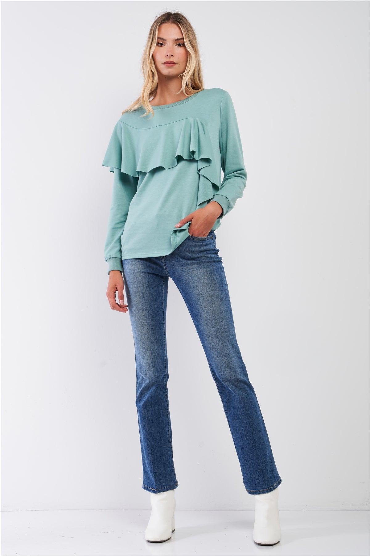 Sage Ruffled Crew Neck Long Sleeve Sweatshirt /2-2