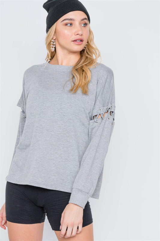 Heather Grey Laced Sleeves Solid Sweater /2-2-2