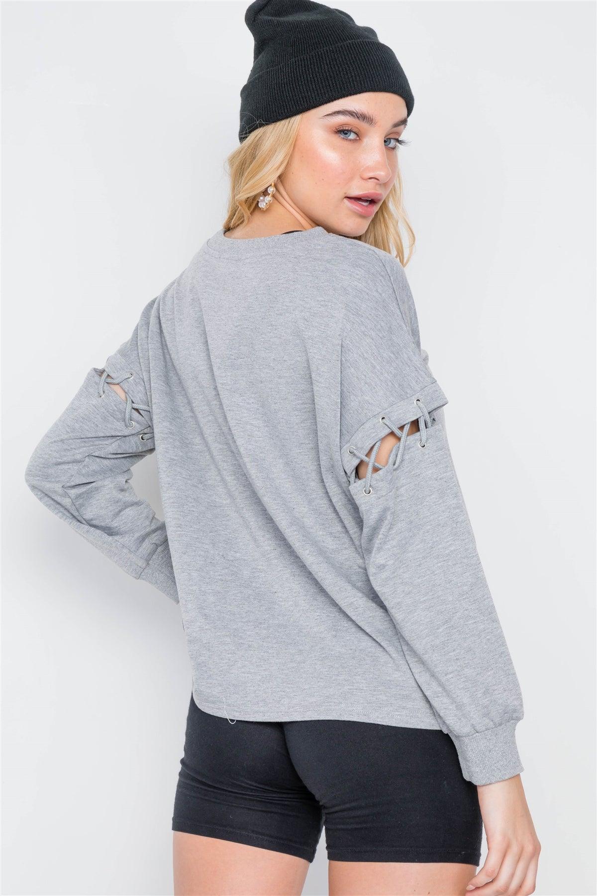 Heather Grey Laced Sleeves Solid Sweater /2-2-2