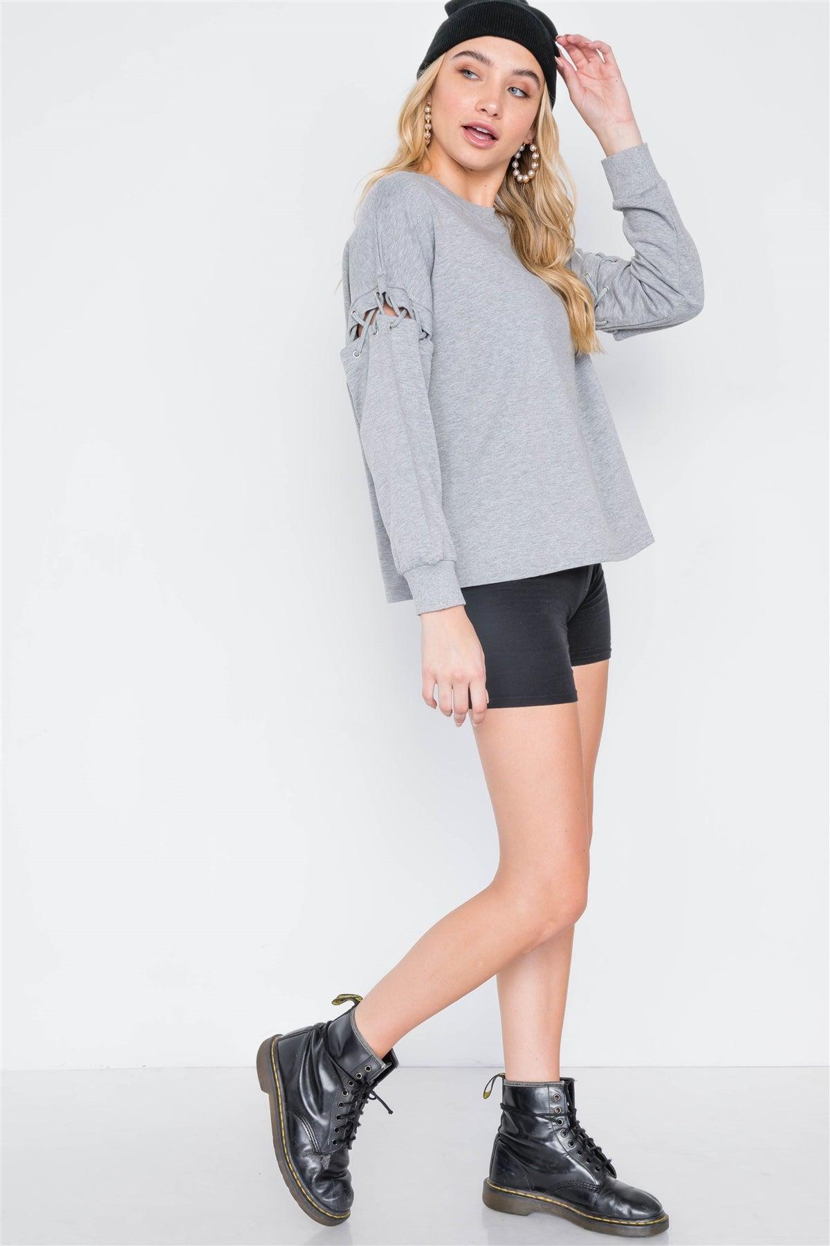 Heather Grey Laced Sleeves Solid Sweater /3-1-2