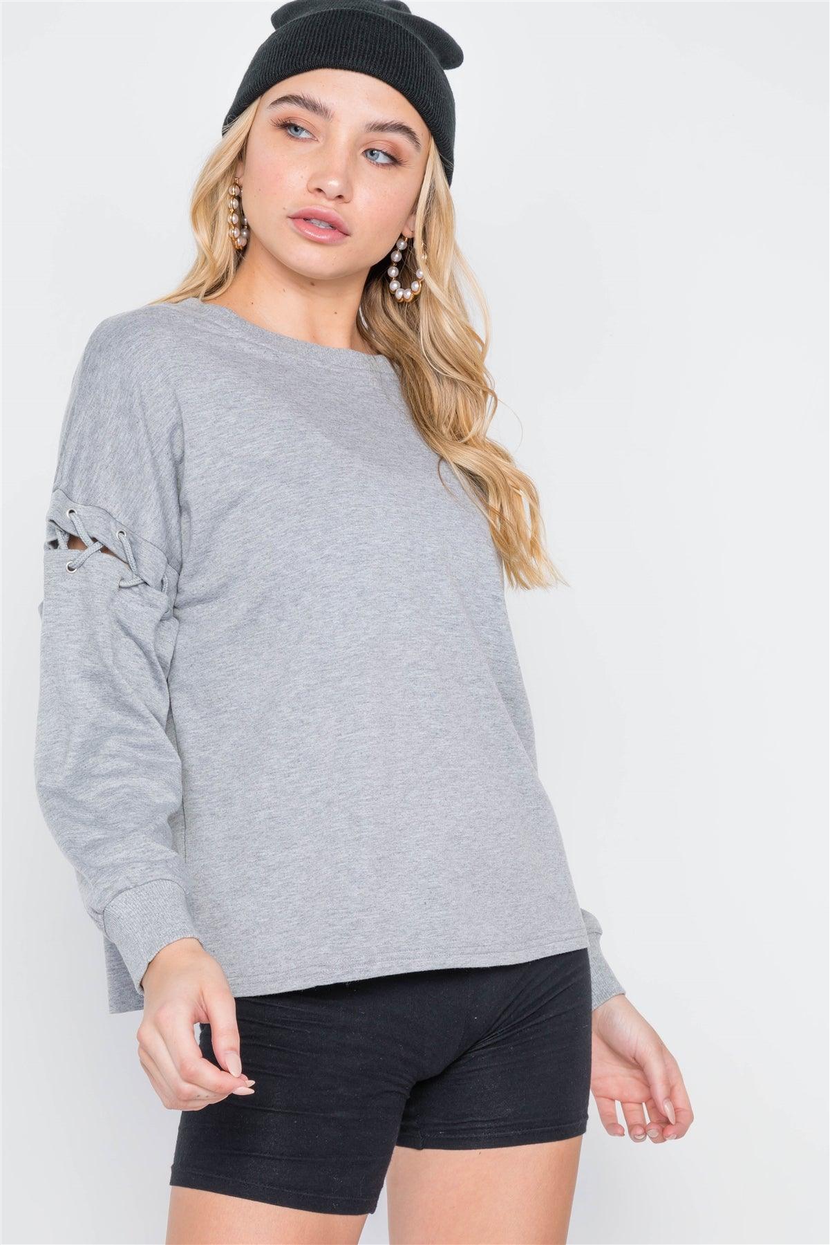 Heather Grey Laced Sleeves Solid Sweater /3-1-2