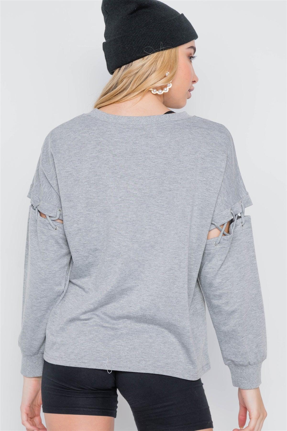 Heather Grey Laced Sleeves Solid Sweater /3-1-2