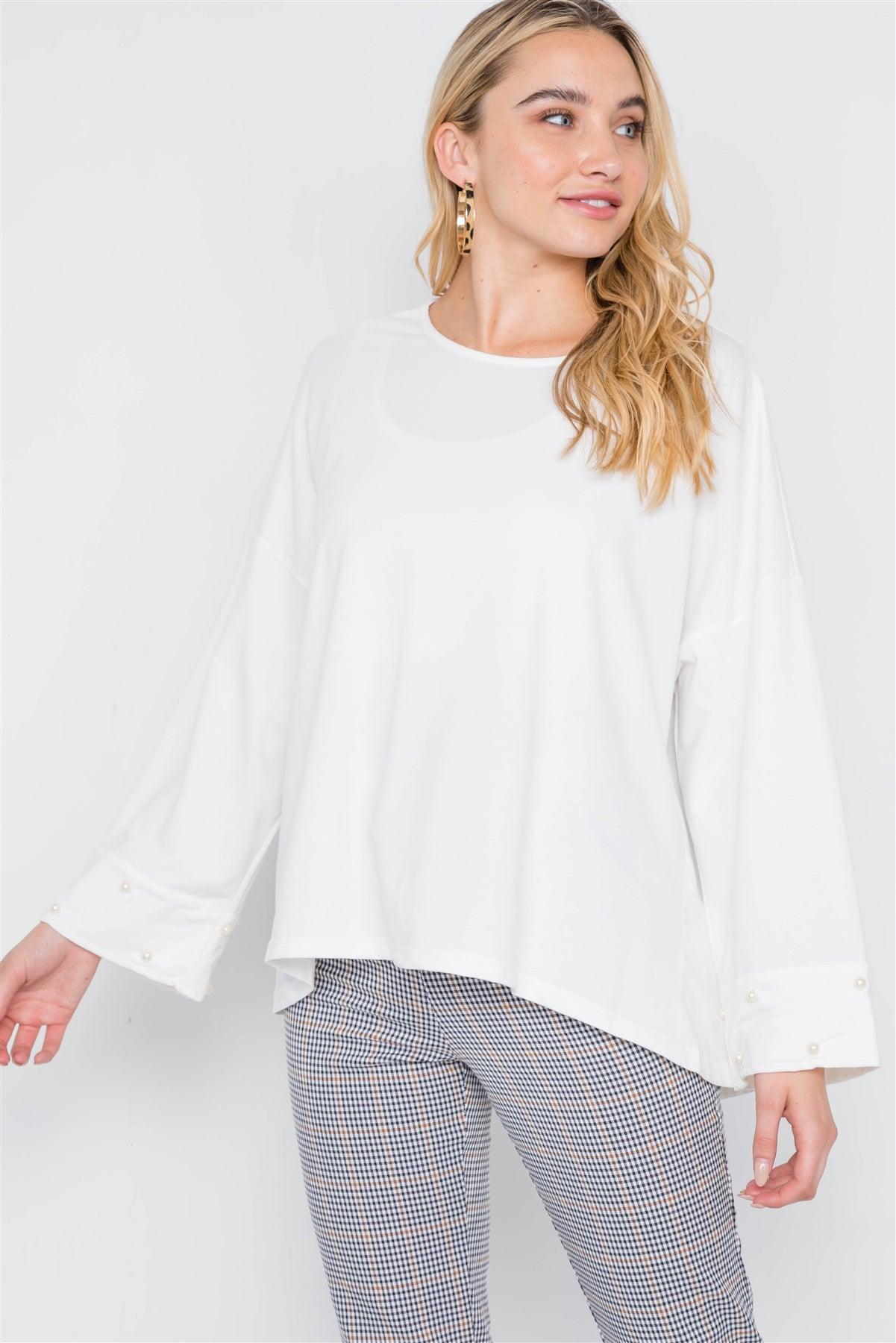 Off White Pearl Sleeves Round Neck Top /2-2-2