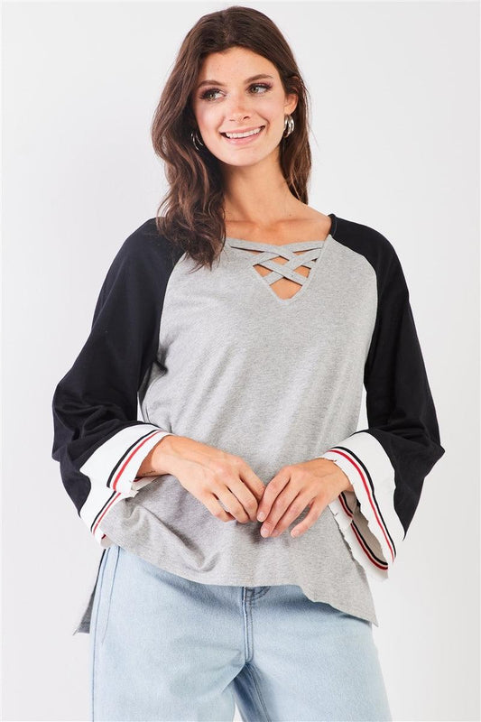 Heather Grey & Black Lace-Up V-Neck Long Bell Sleeve Asymmetrical Sweatshirt /2-1-2