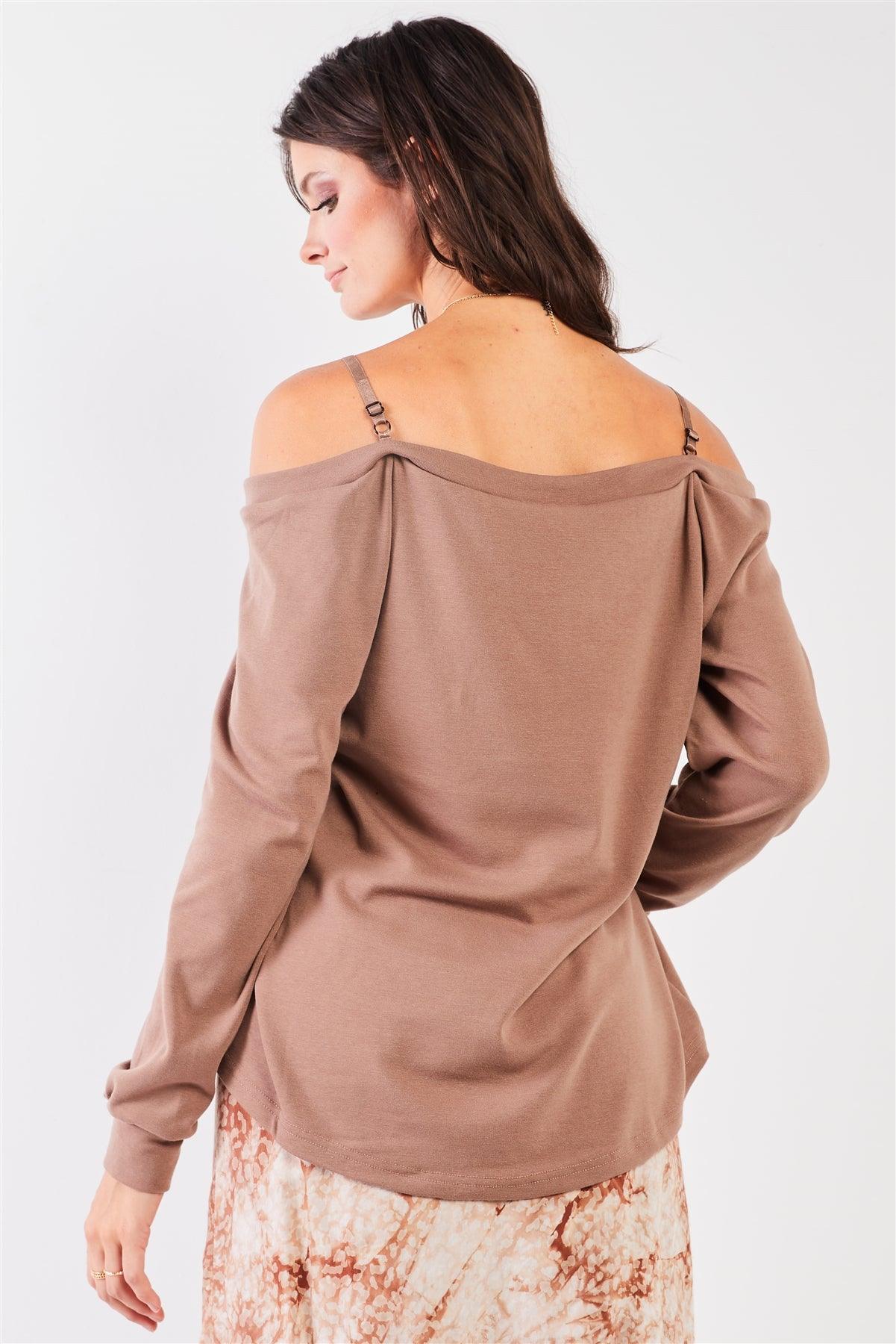 Mocha Off-The-Shoulder Lace Trim Long Sleeve Sweetheart Neck Relaxed Top /2-2-2