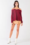 Wine Off-The-Shoulder Lace Trim Long Sleeve Sweetheart Neck Relaxed Top /3-1-1