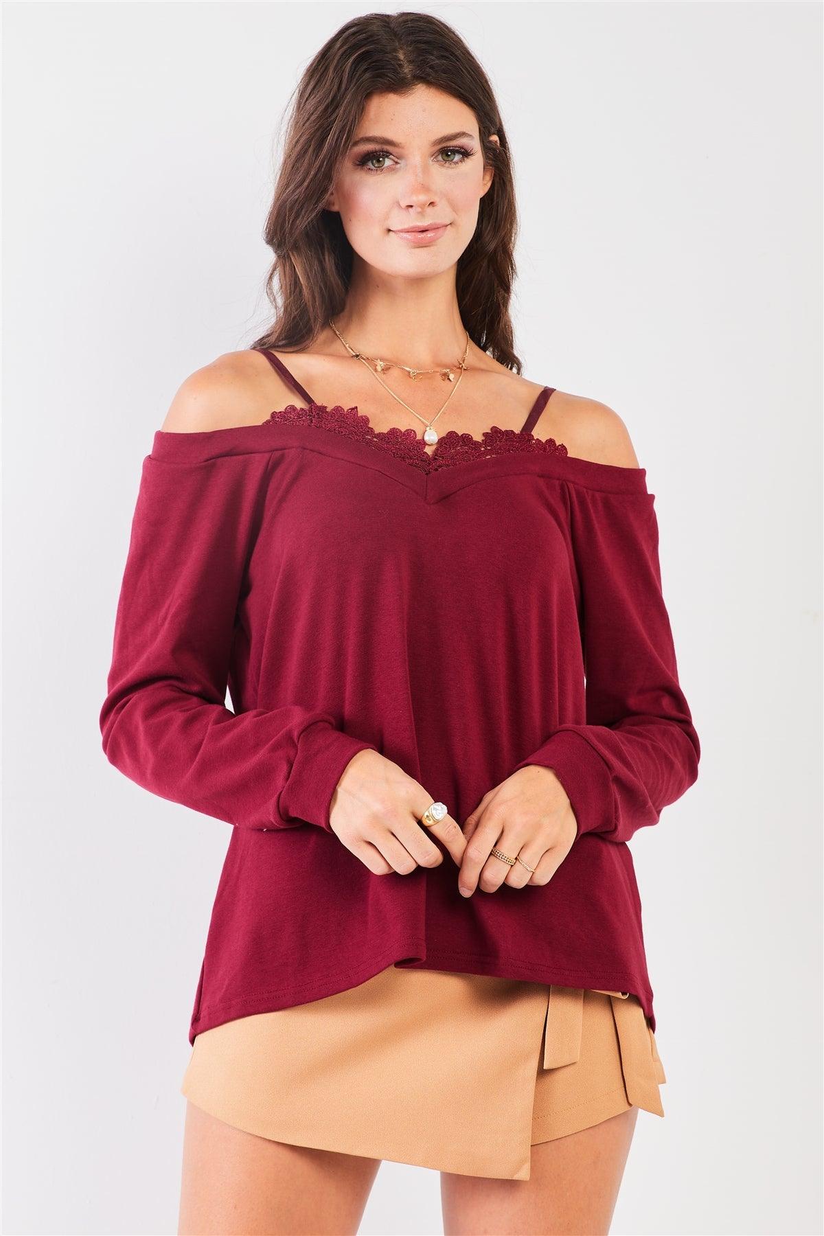 Wine Off-The-Shoulder Lace Trim Long Sleeve Sweetheart Neck Relaxed Top /2-2-2