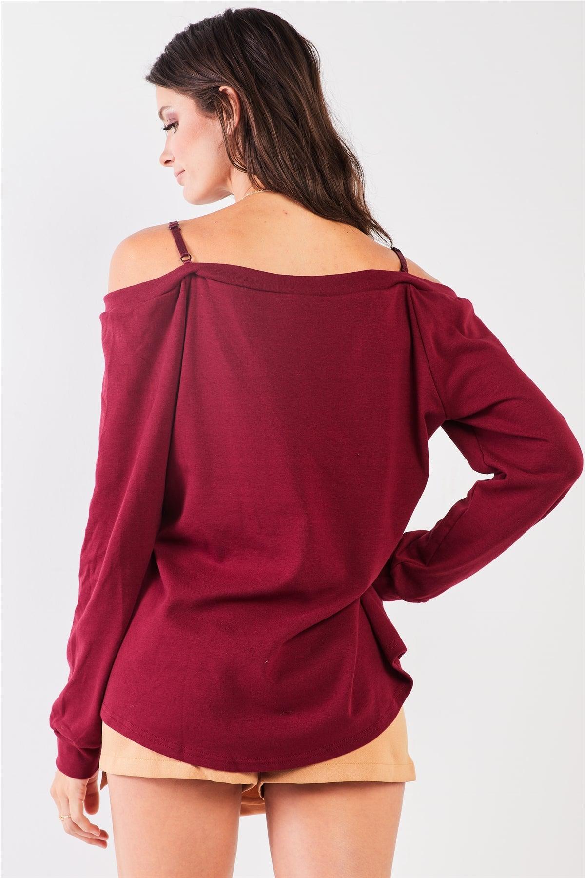 Wine Off-The-Shoulder Lace Trim Long Sleeve Sweetheart Neck Relaxed Top /2-2-2