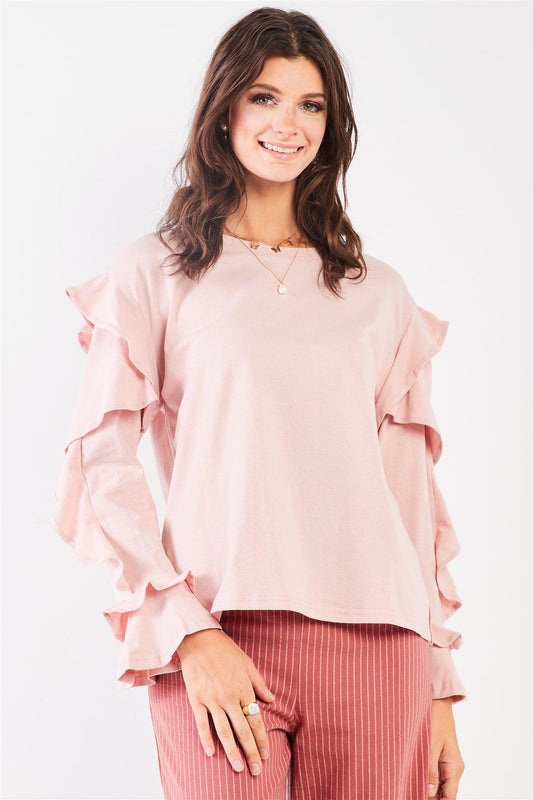 Tender Pink Petal Ruffle Long Sleeve Round Neck Relaxed Top /2-2-2