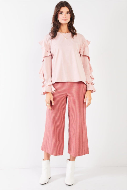 Tender Pink Petal Ruffle Long Sleeve Round Neck Relaxed Top /3-1-2