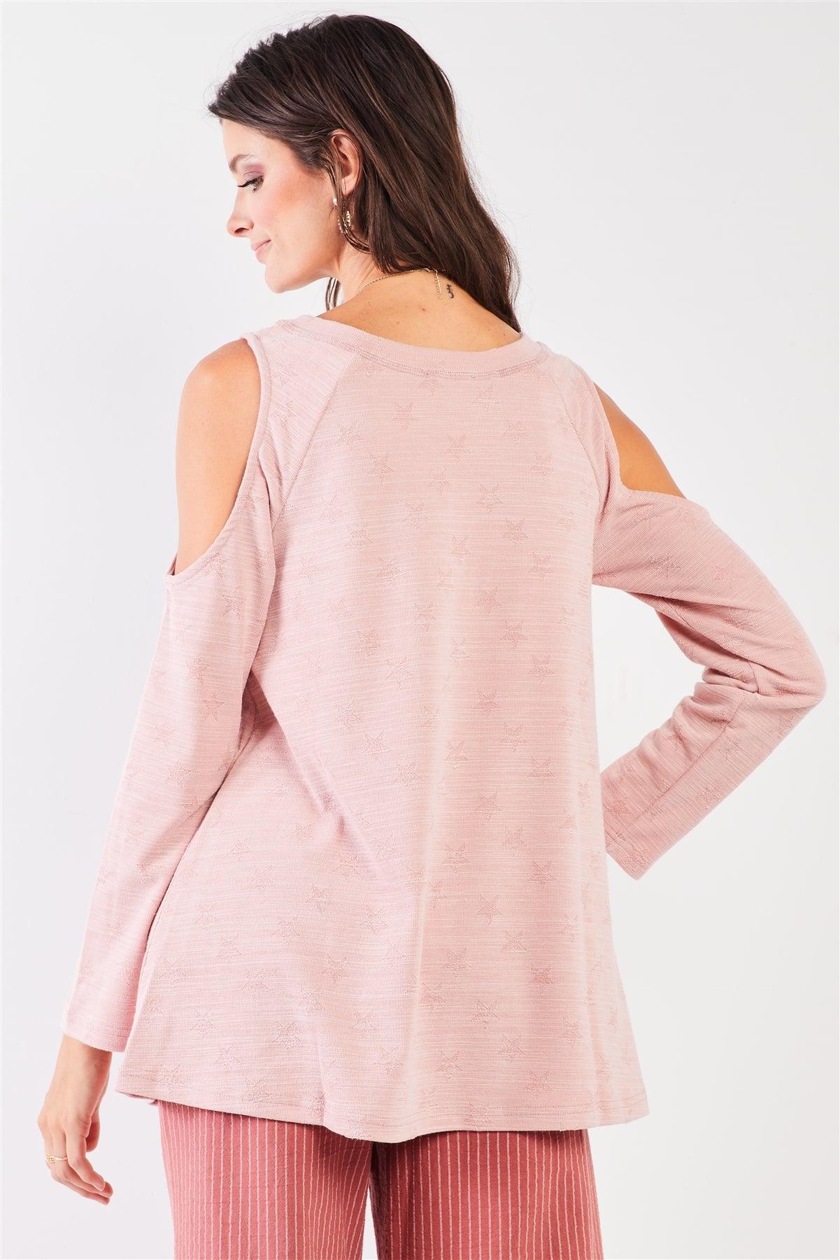 Blush Pink Star Pattern Embroidery Cold Shoulder Derail Long Sleeve Crew Neck Top /2-2-2