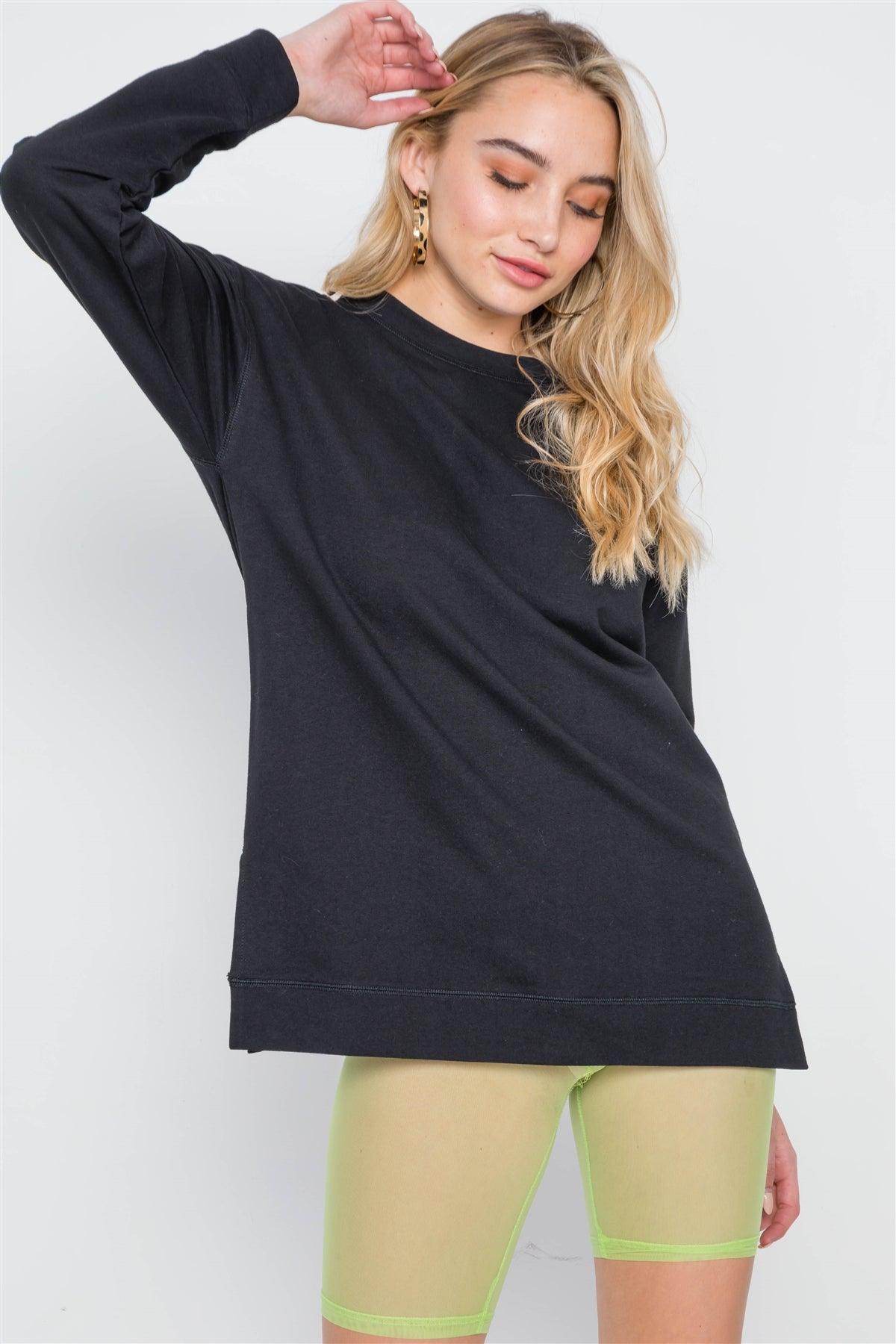 Black Contrast Trim Long Sleeve Side Slits Sweater /2-2-2