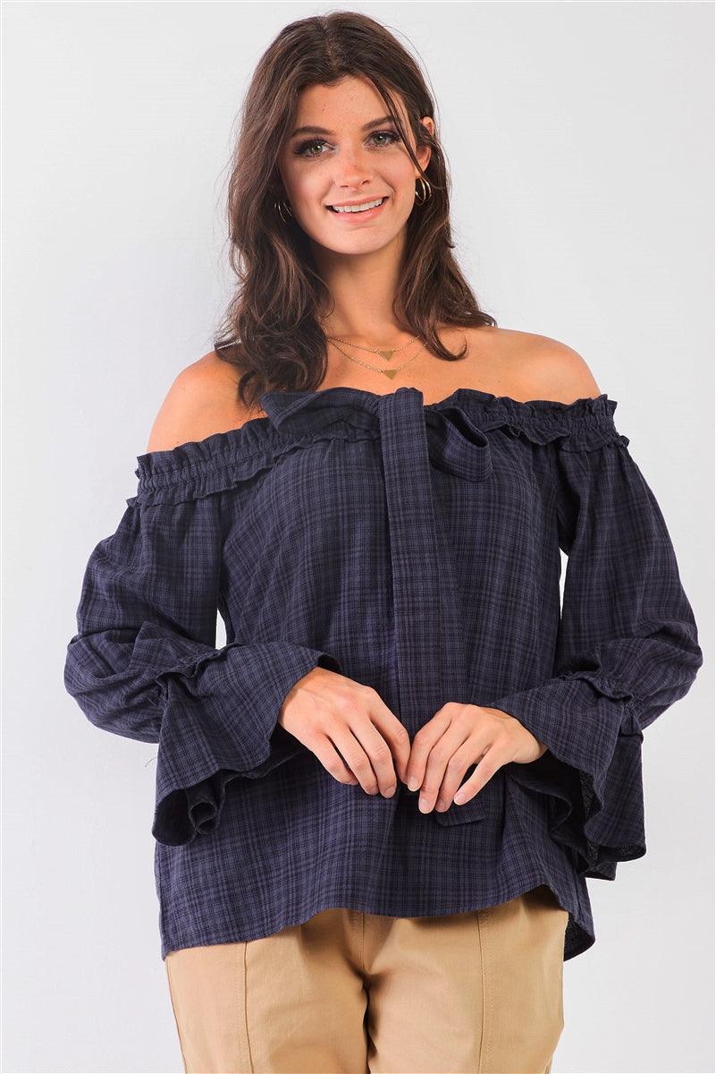 Navy Checkered Print Off-The-Shoulder Ruffle Trim Balloon Sleeve Bow Detail Relaxed Top /2-2-2