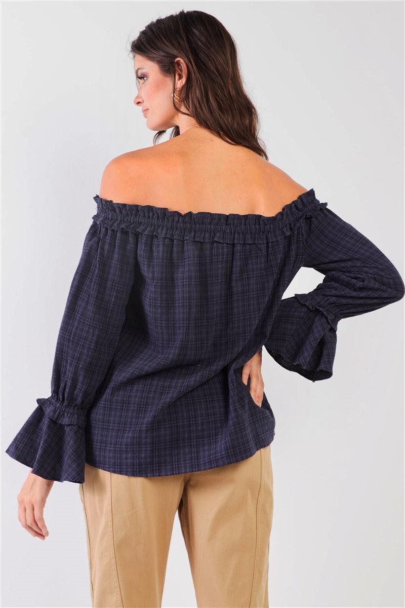 Navy Checkered Print Off-The-Shoulder Ruffle Trim Balloon Sleeve Bow Detail Relaxed Top /2-2-2