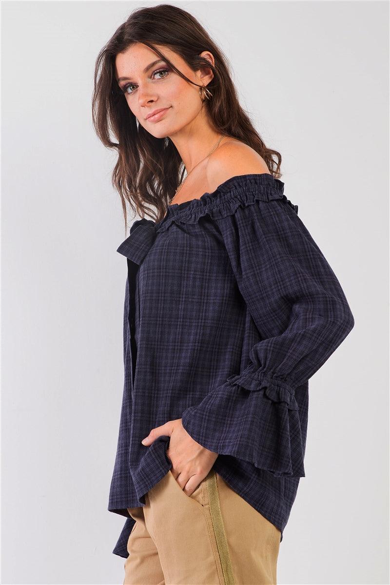 Navy Checkered Print Off-The-Shoulder Ruffle Trim Balloon Sleeve Bow Detail Relaxed Top /2-2-2