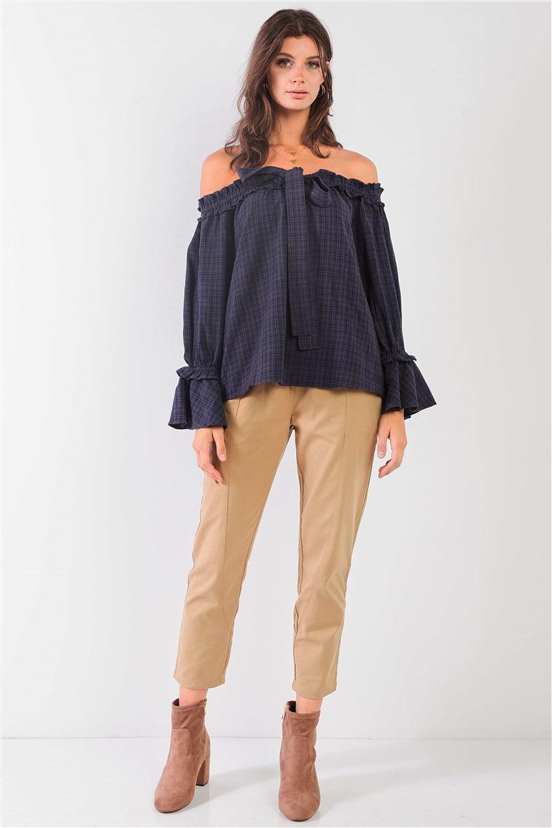 Navy Checkered Print Off-The-Shoulder Ruffle Trim Balloon Sleeve Bow Detail Relaxed Top /2-2-2