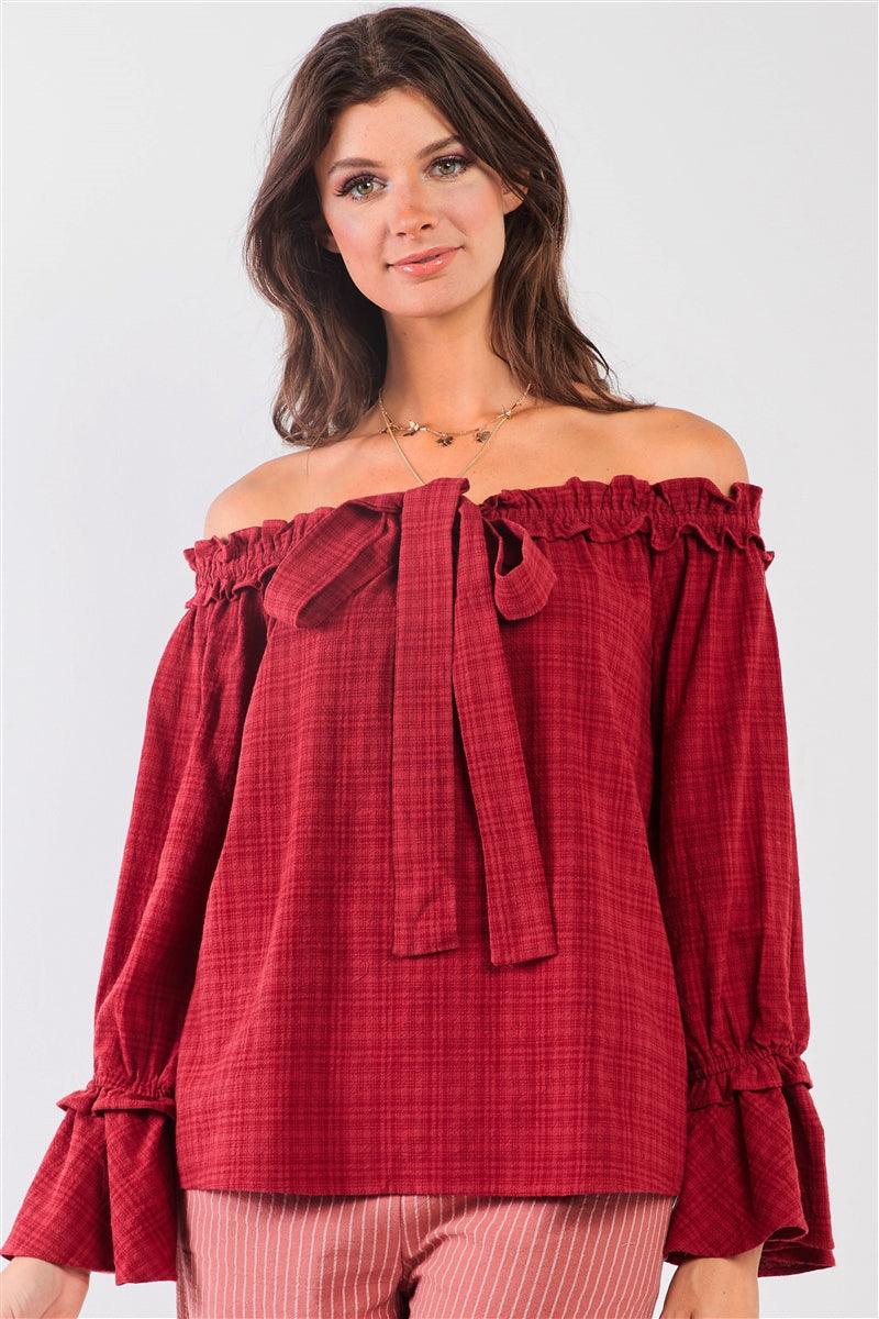 Red Checkered Print Boho Off-The-Shoulder Ruffle Trim Balloon Sleeve Bow Detail Relaxed Top /1-2-2