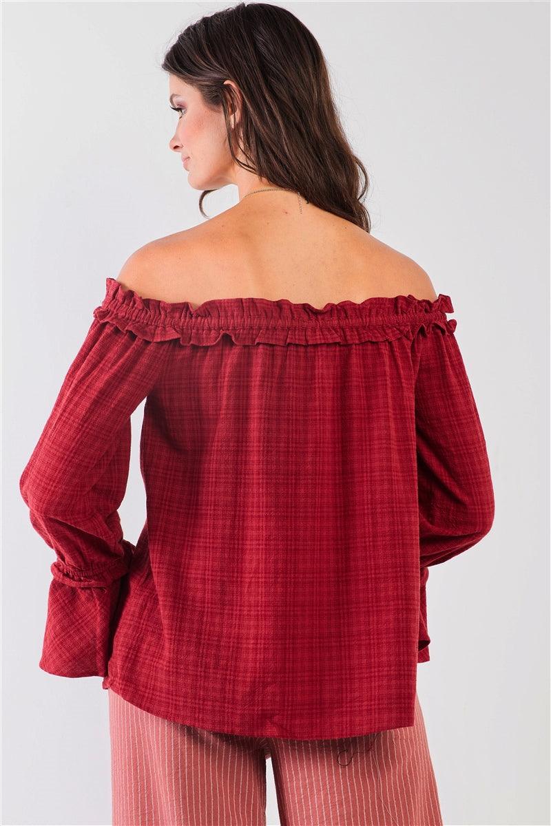 Red Checkered Print Boho Off-The-Shoulder Ruffle Trim Balloon Sleeve Bow Detail Relaxed Top /1-2-2