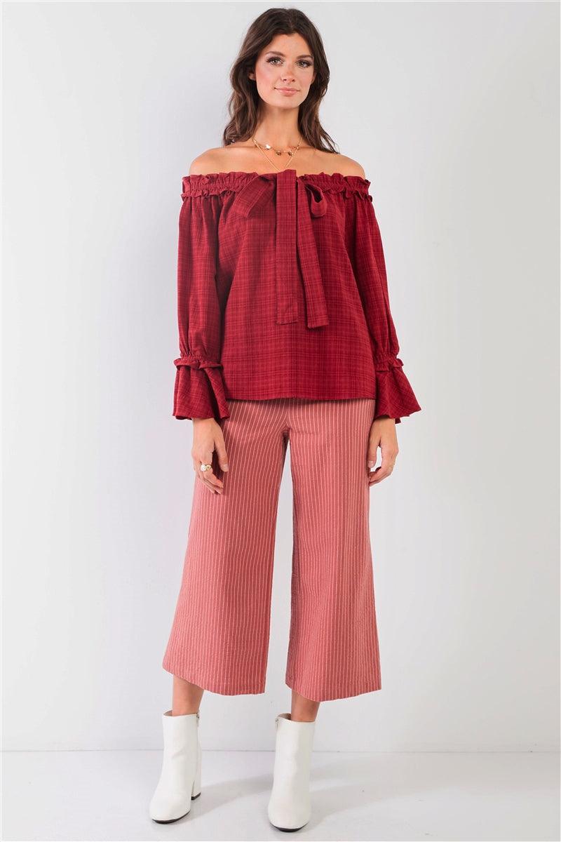 Red Checkered Print Boho Off-The-Shoulder Ruffle Trim Balloon Sleeve Bow Detail Relaxed Top /1-2-2