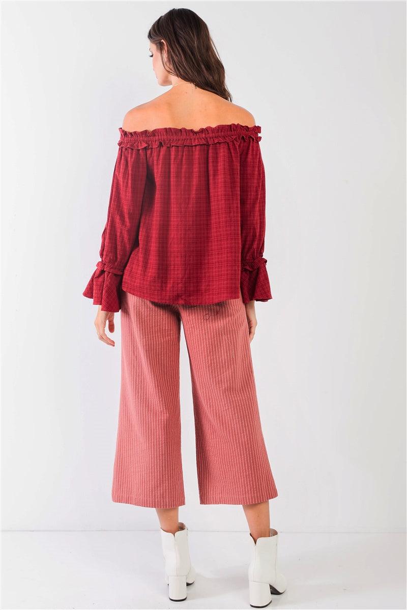 Red Checkered Print Boho Off-The-Shoulder Ruffle Trim Balloon Sleeve Bow Detail Relaxed Top /1-2-2