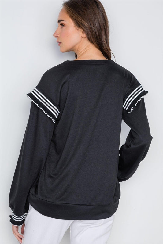 Black Long Sleeve Stripe Trim Sweater /2-2-2