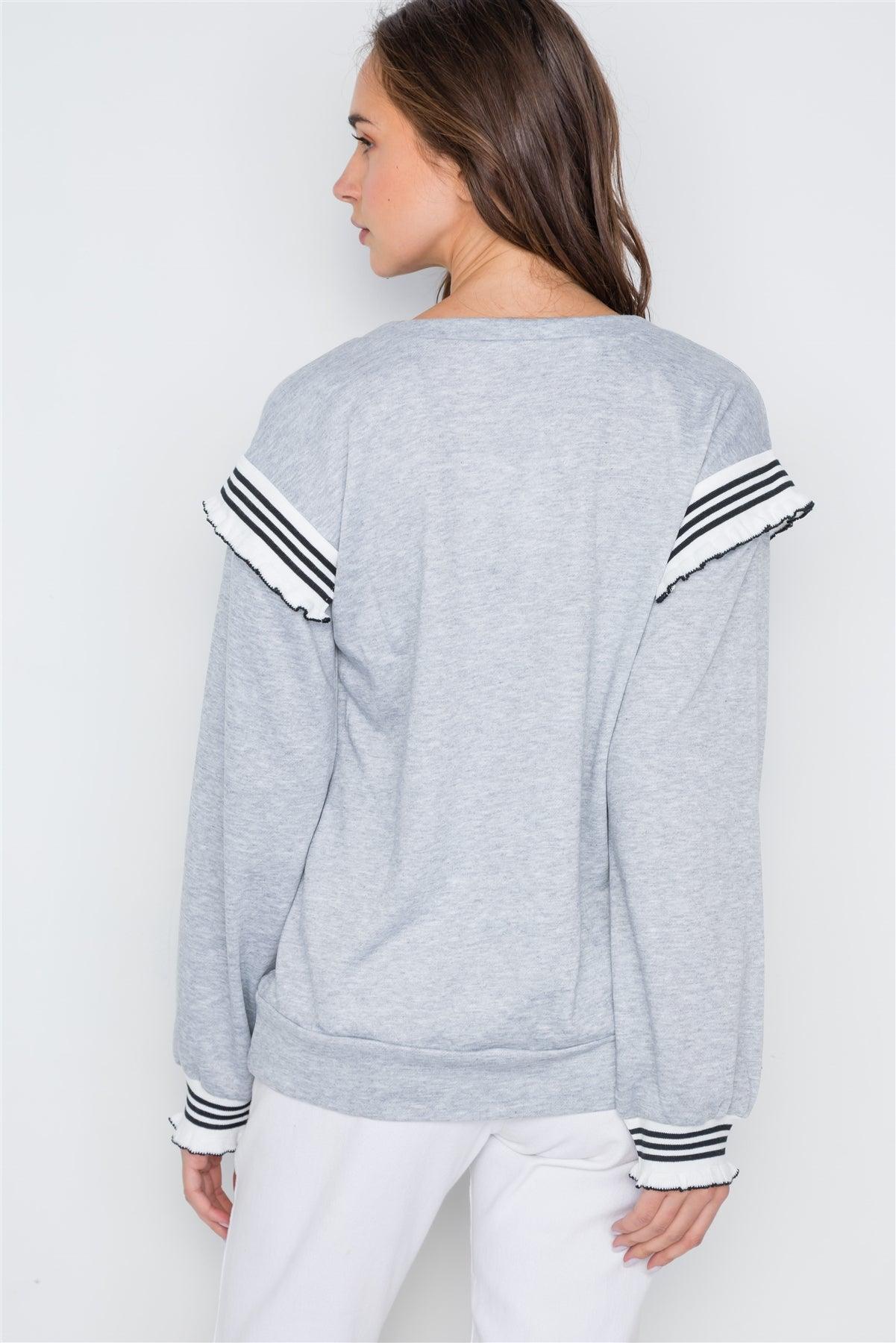 Heather Grey Long Sleeve Stripe Trim Sweater /2-2-2