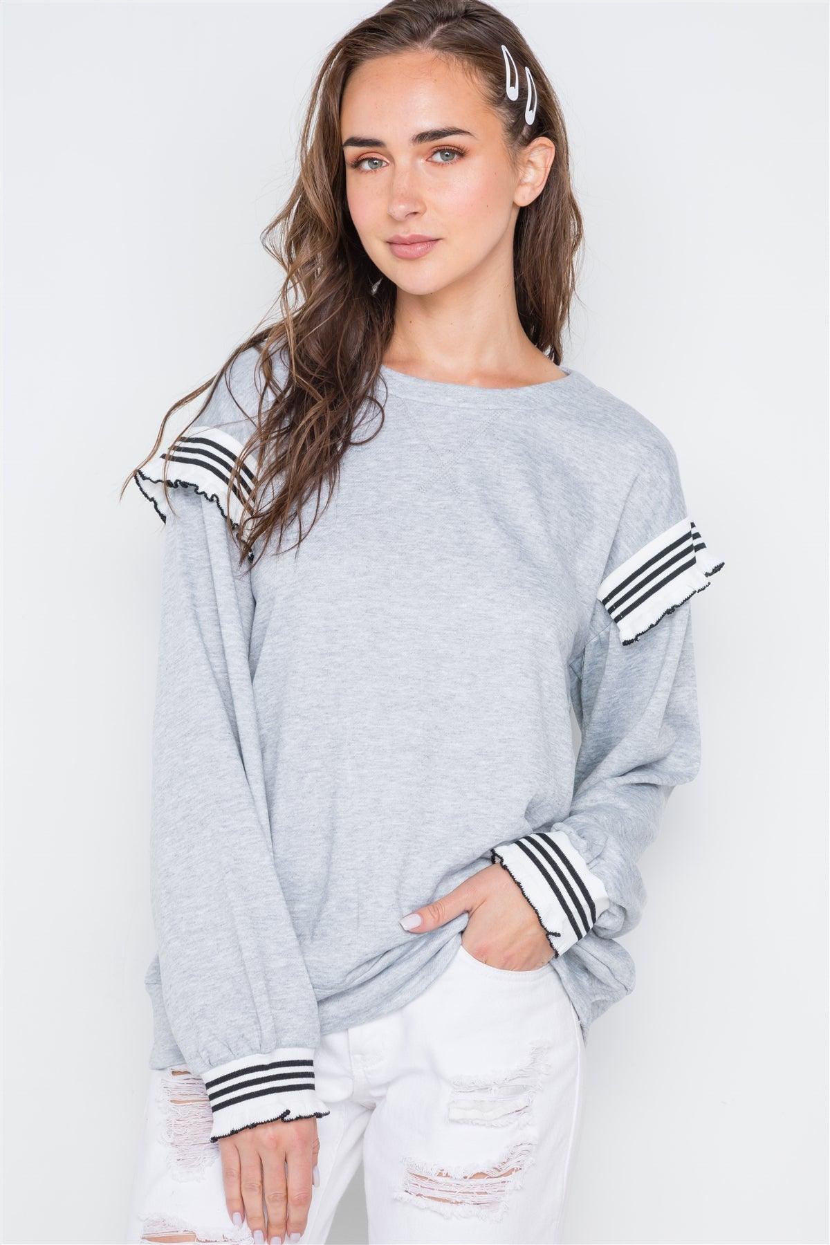 Heather Grey Long Sleeve Stripe Trim Sweater /2-2-2