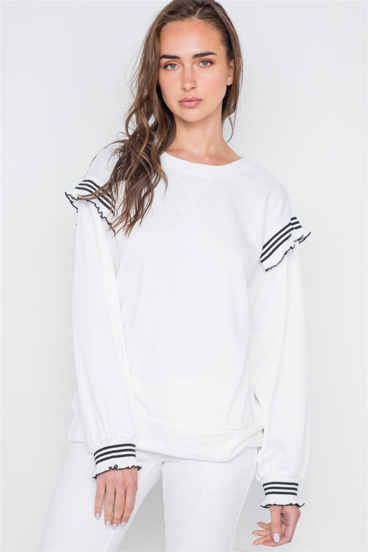 Off White Long Sleeve Stripe Trim Sweater /2-2-2