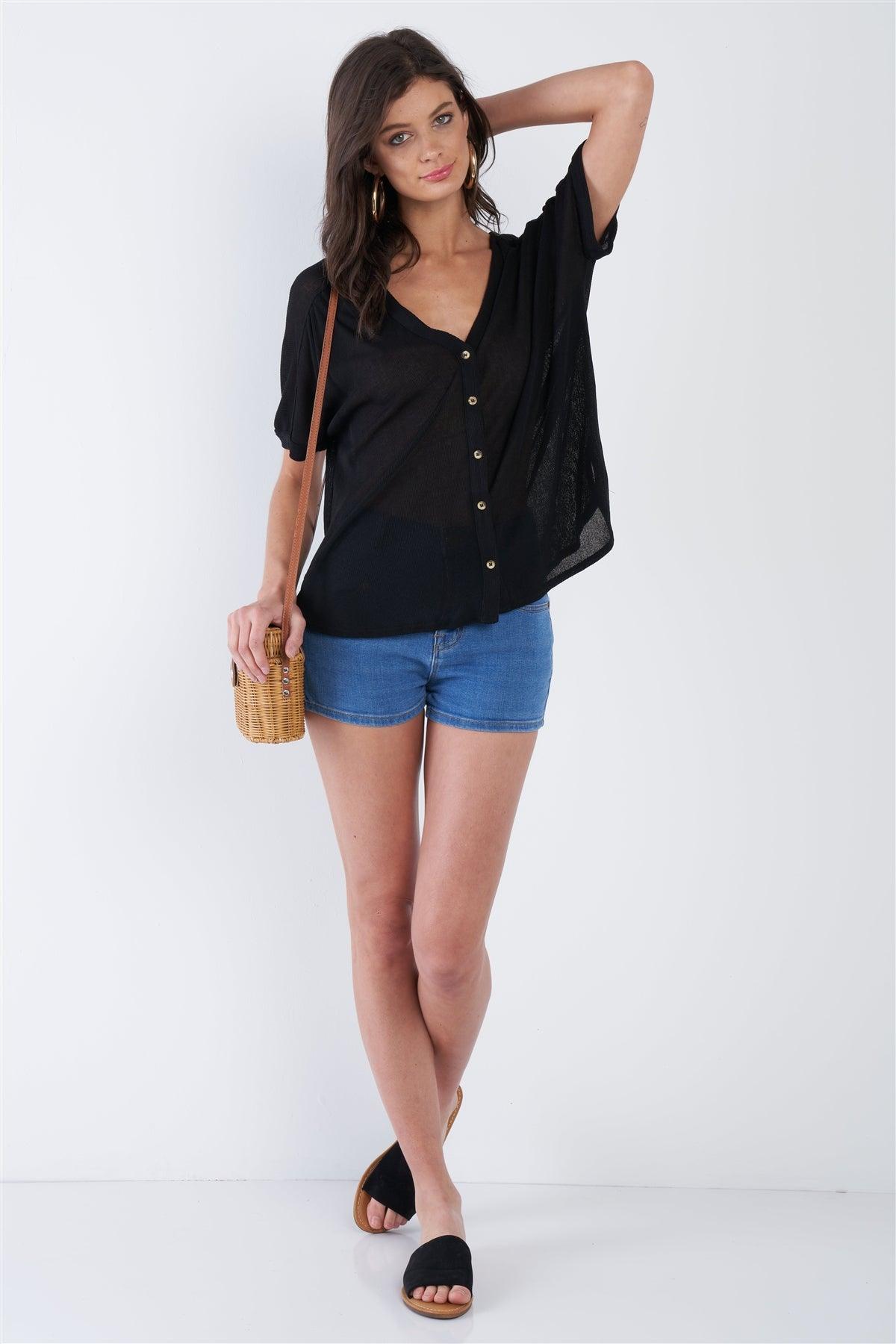 Black Relaxed Fit V-neck Front Button Down Top /1-1-1