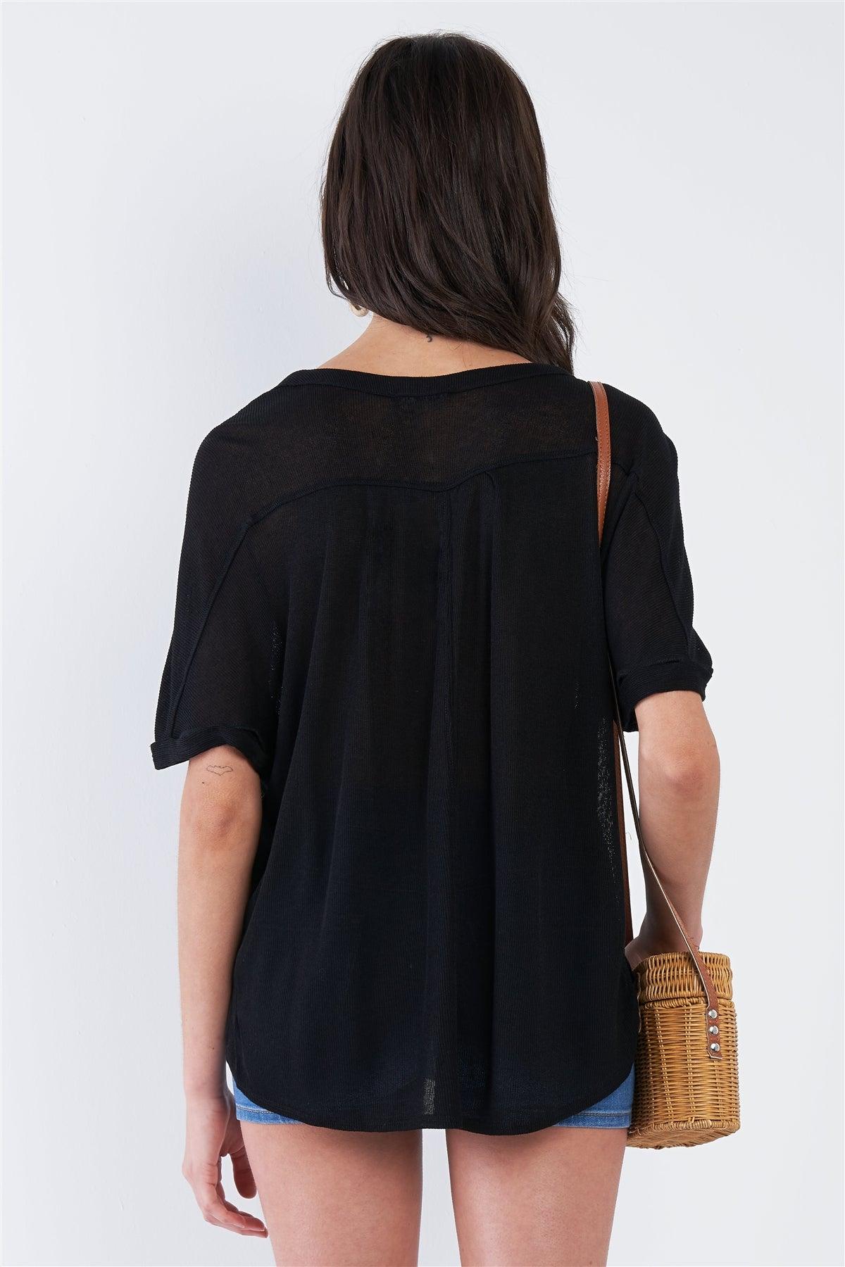 Black Relaxed Fit V-neck Front Button Down Top /1-1-1