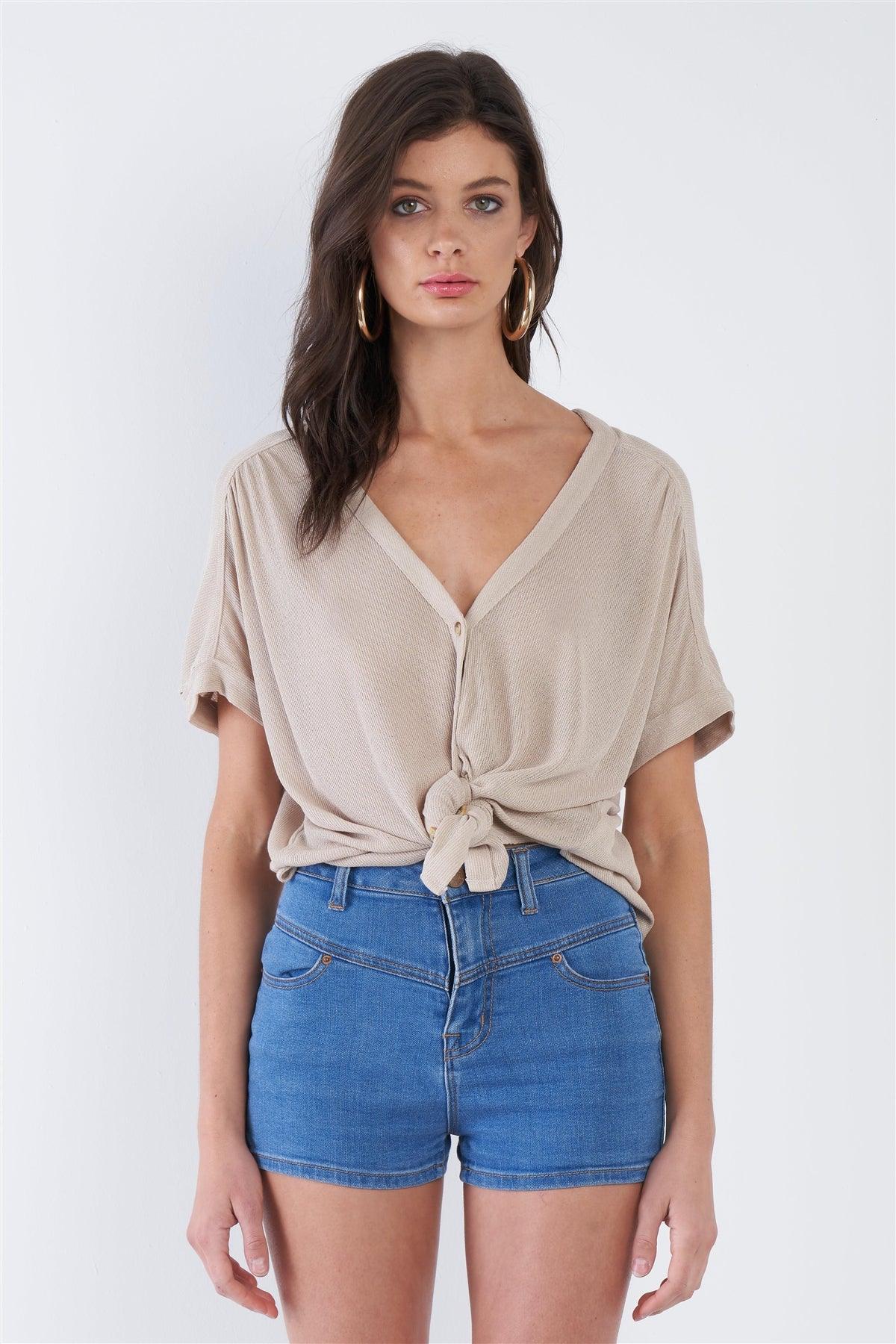 Taupe Relaxed Fit V-neck Front Button Down Top  /1-2-2