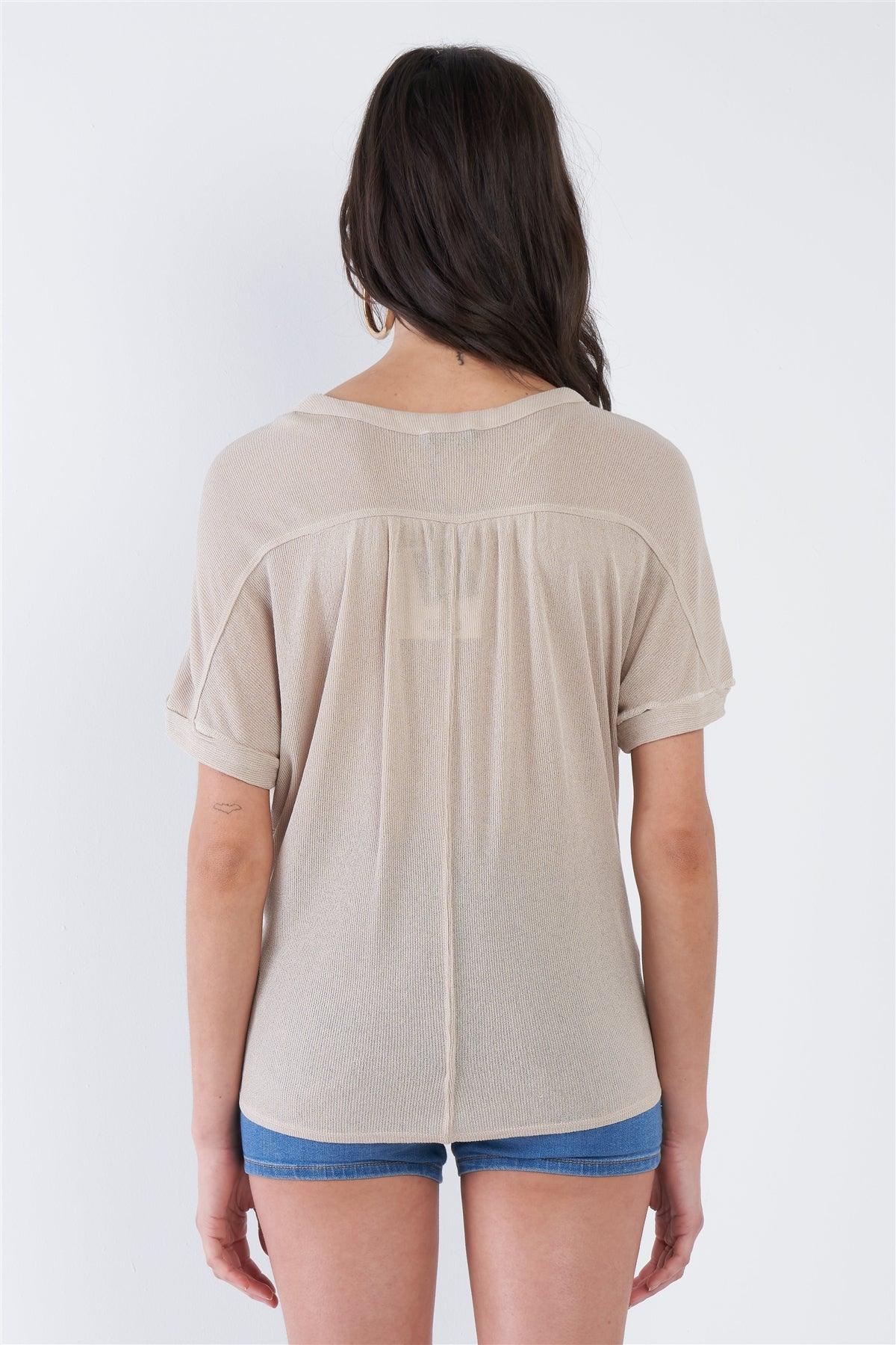 Taupe Relaxed Fit V-neck Front Button Down Top  /1-2-2