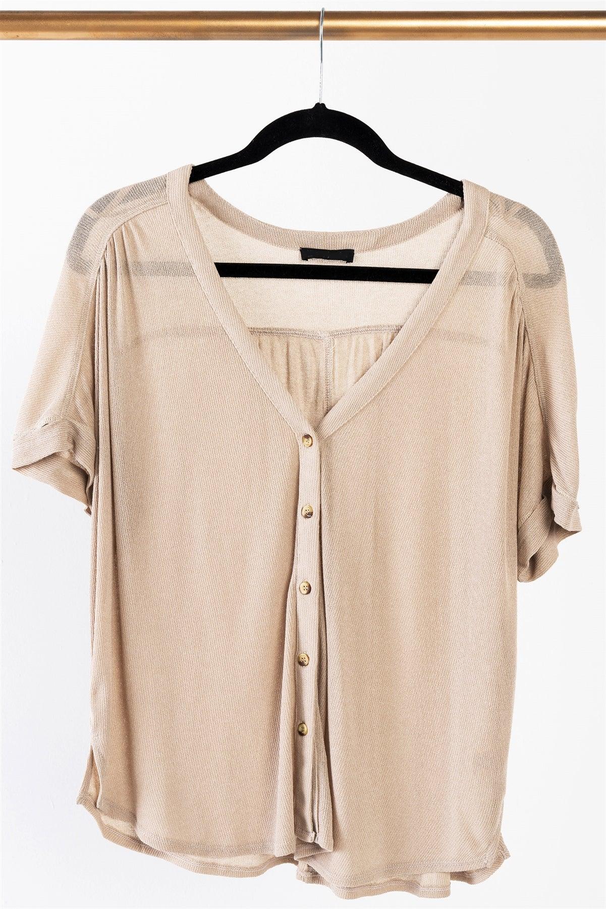 Taupe Relaxed Fit V-neck Front Button Down Top  /1-2-2