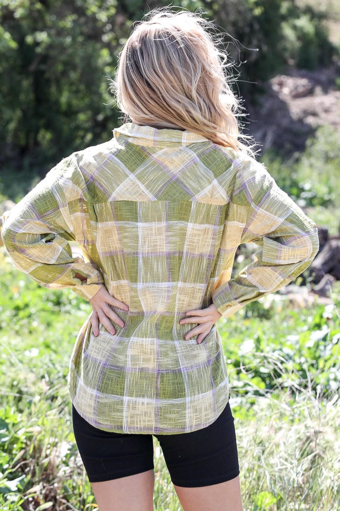 Lime Cotton & Linen Blend Textured Plaid Shirt Top /2-2-2