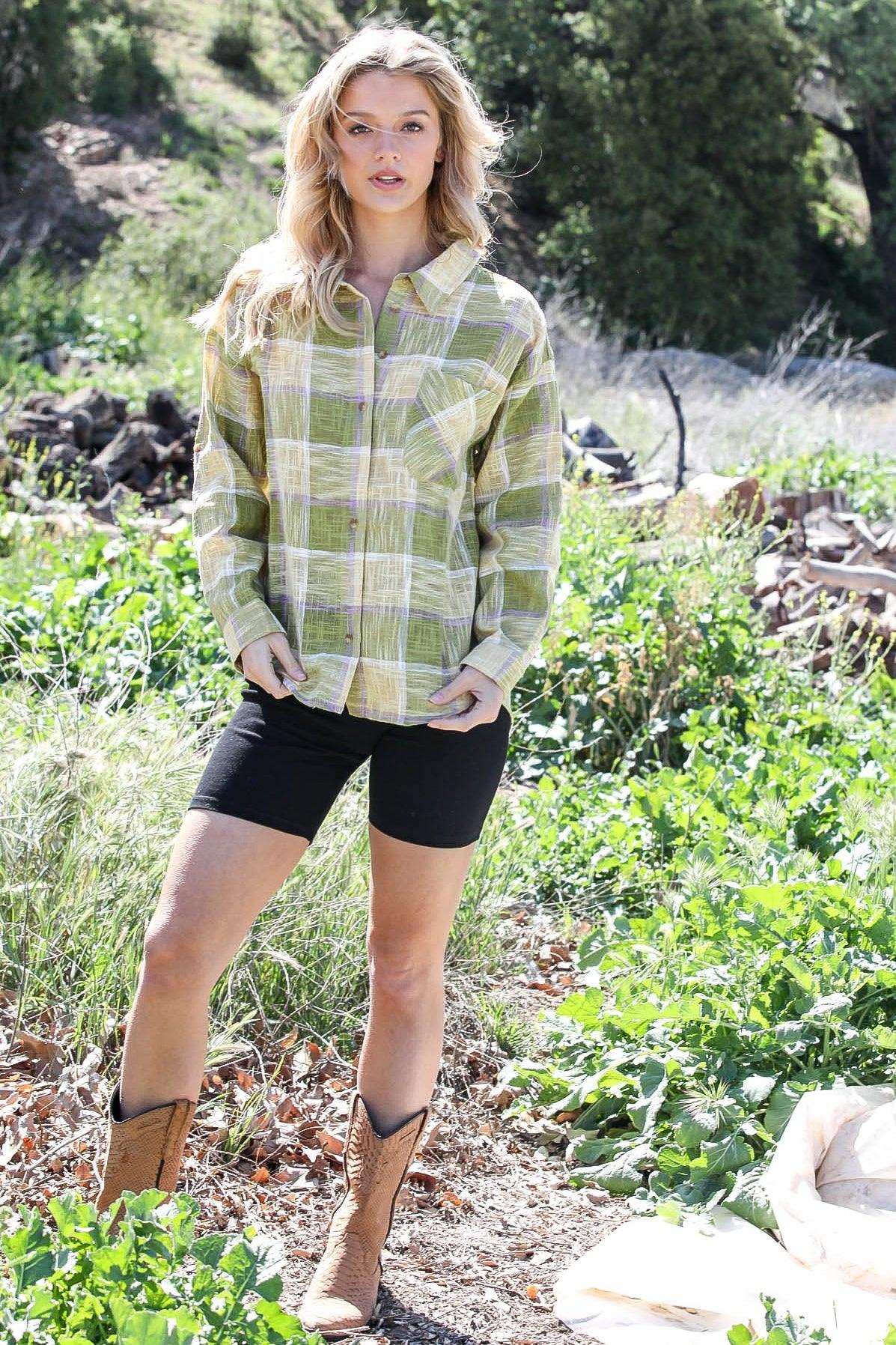 Lime Cotton & Linen Blend Textured Plaid Shirt Top /2-2-2