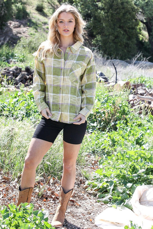 Lime Cotton & Linen Blend Textured Plaid Shirt Top /2-2-3