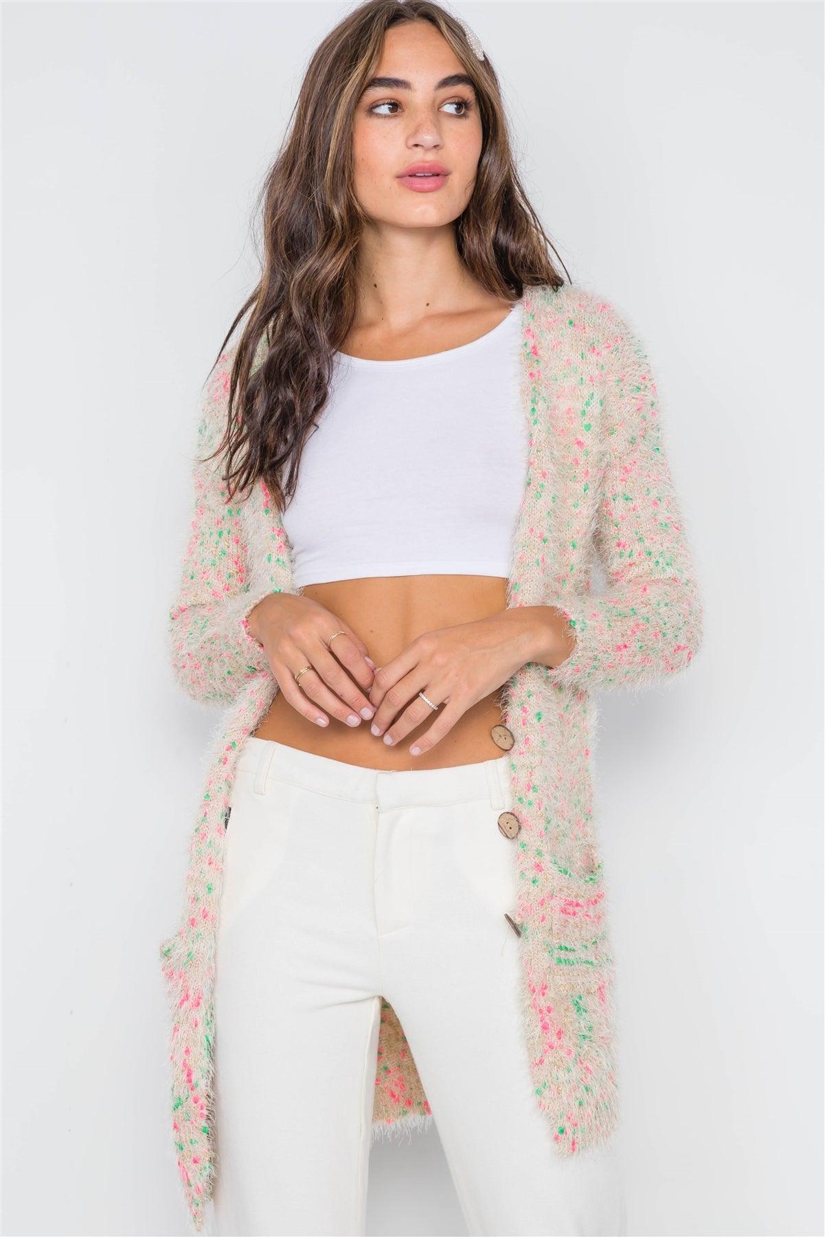 Cream Multi Fuzzy Knit Button-Front Soft Cardigan / 5