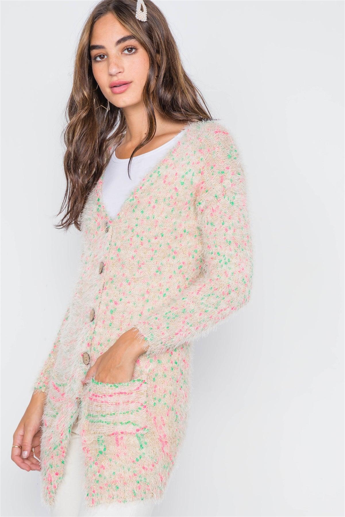 Cream Multi Fuzzy Knit Button-Front Soft Cardigan / 5