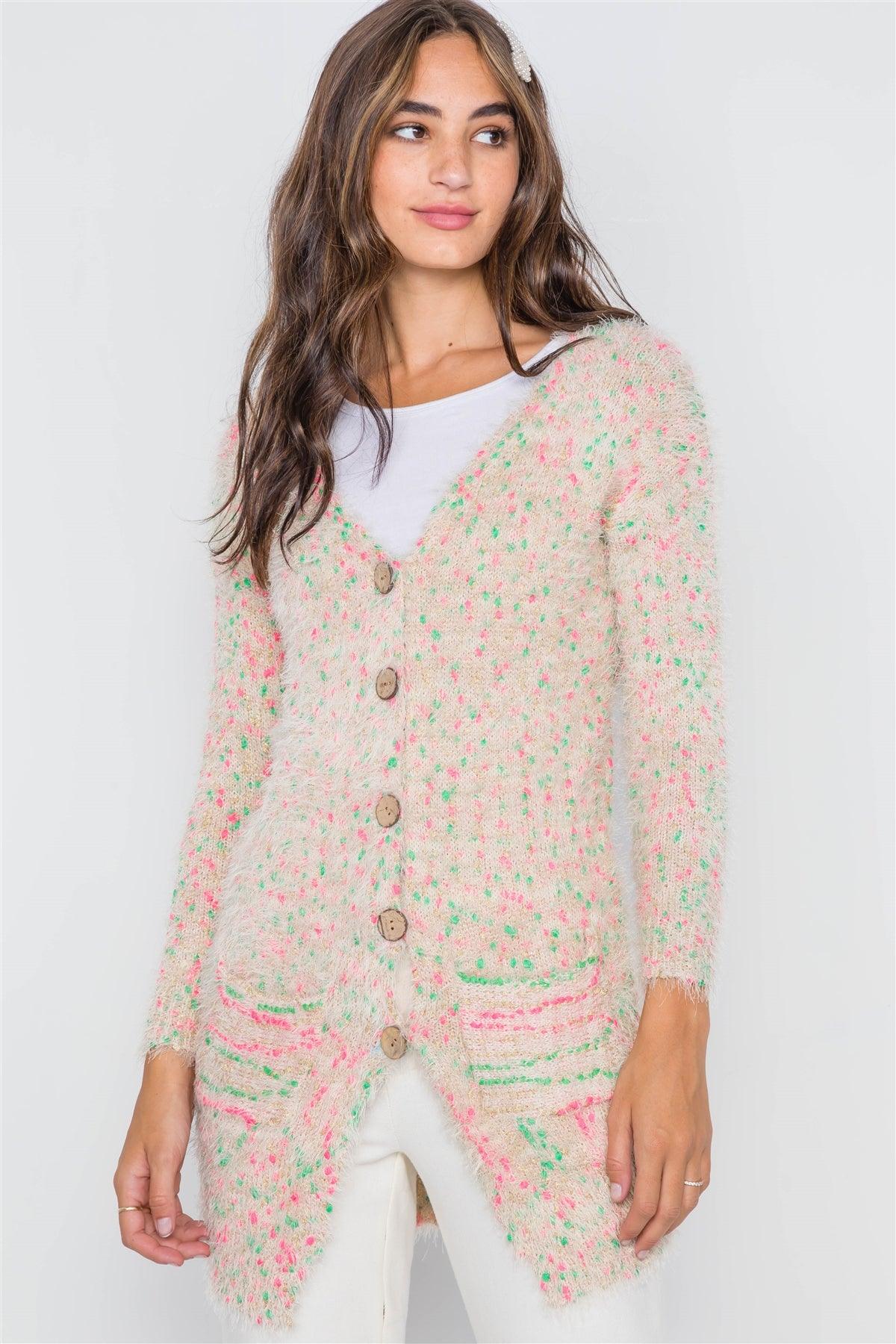 Cream Multi Fuzzy Knit Button-Front Soft Cardigan / 5