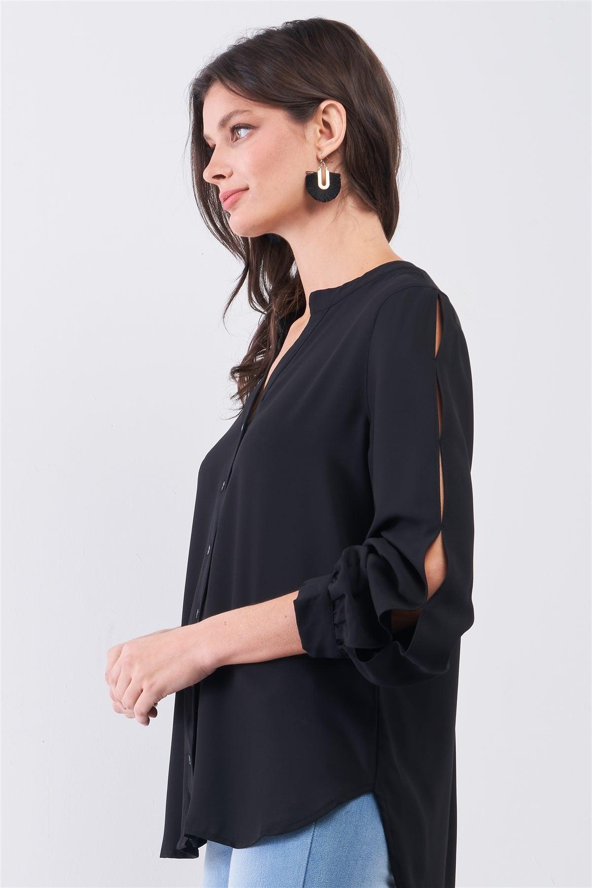 Black Asymmetrical Long Sleeve Button-Up Front Relaxed Shirt /3-1-1