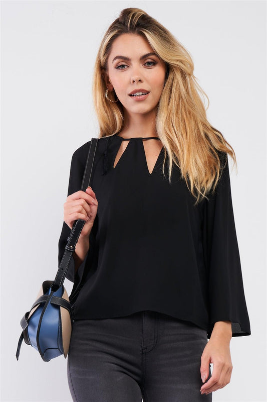 Black Long Sleeve Draw String Tie Round Neck Cut Out Detail Relaxed Blouse /1-2-2-1