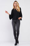 Black Long Sleeve Draw String Tie Round Neck Cut Out Detail Relaxed Blouse /1-3-2-1