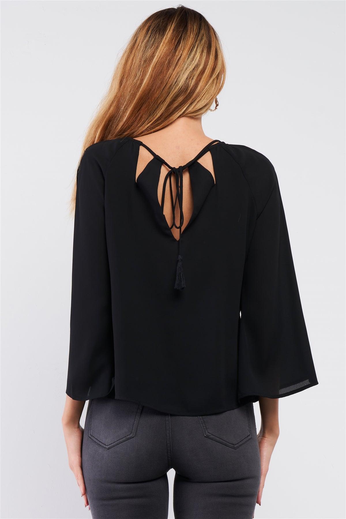 Black Long Sleeve Draw String Tie Round Neck Cut Out Detail Relaxed Blouse /1-3-2-1