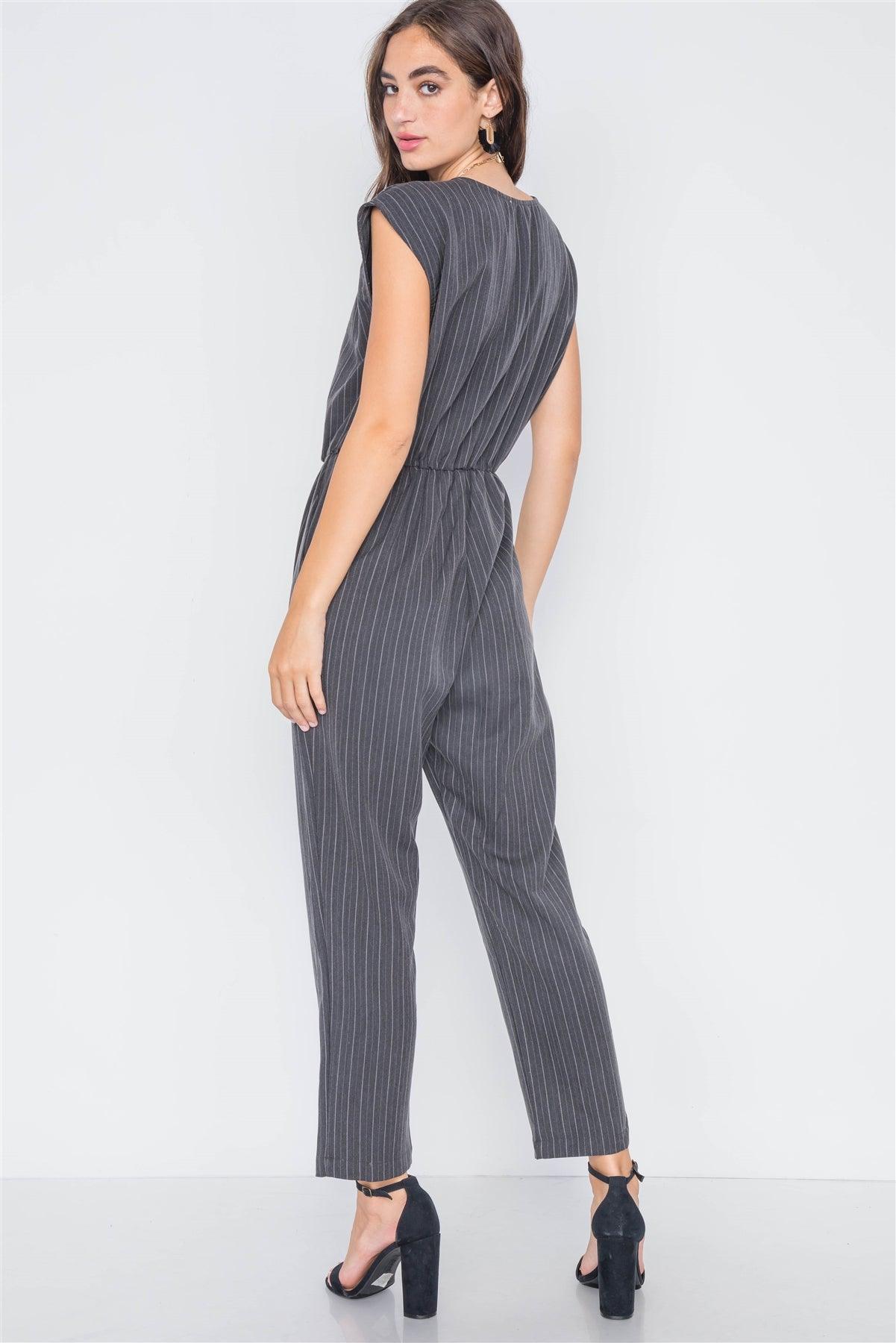 Carbon Stripe Surplice Straight Leg Jumpsuit /3-2-1